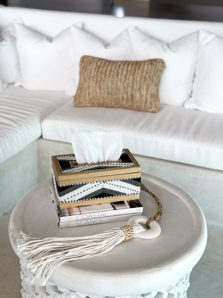 Coastal Luxe Beaded Tissue Box | White, Silver & Black