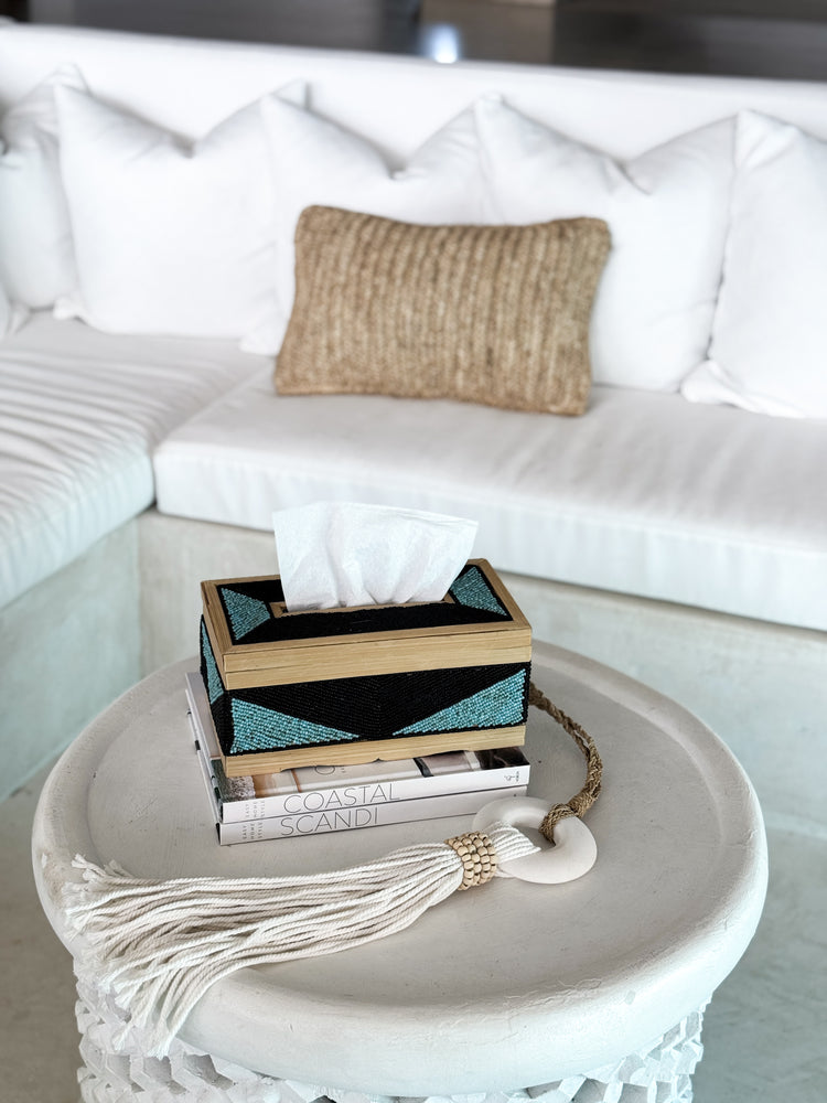 Coastal Luxe Beaded Tissue Box | Aqua & Black
