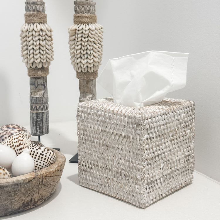 Coastal Rattan Tissue Box Cover – Whitewash Preorder