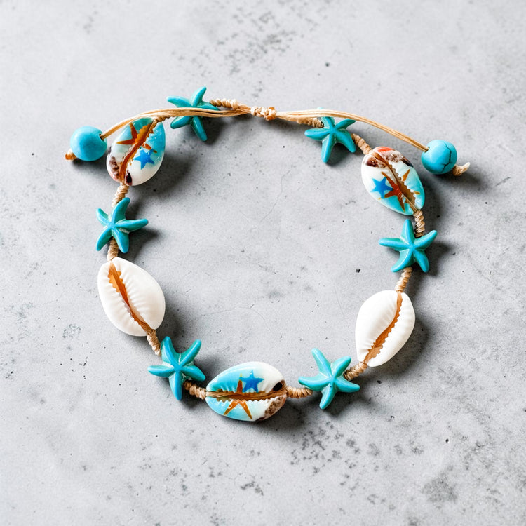 Turquoise Starfish & Cowrie Anklet Bracelet | Willow & the Waves Collection