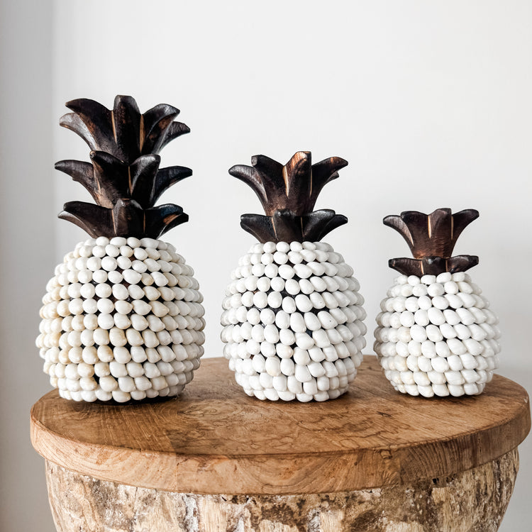 Set of 3 Coastal Shell Pineapples – White Shell & Timber Decor