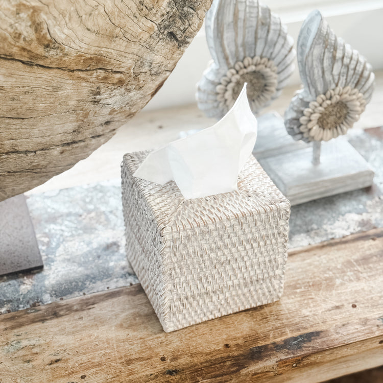 Coastal Rattan Tissue Box Cover – Whitewash Preorder