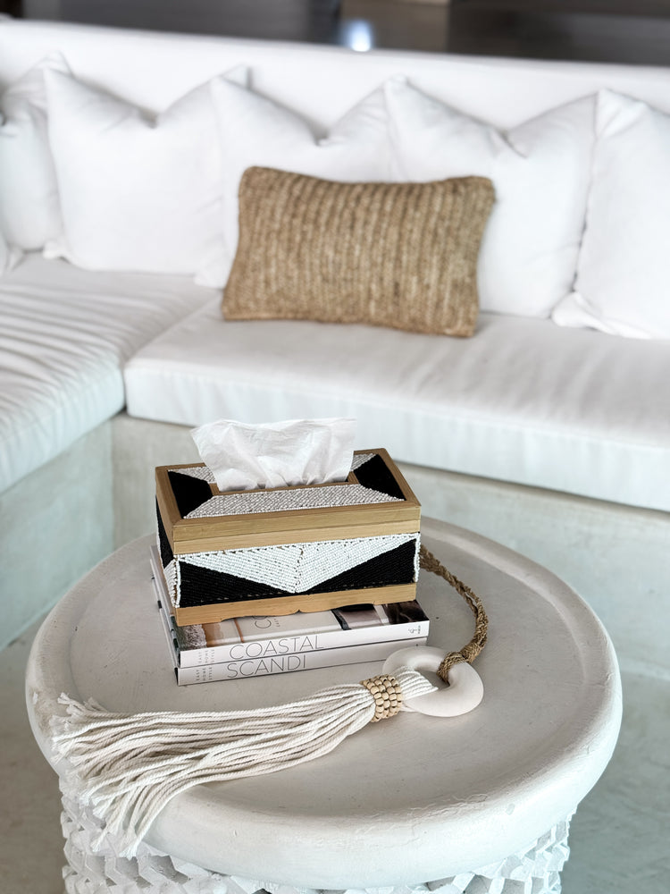 Coastal Luxe Beaded Tissue Box | White & Black