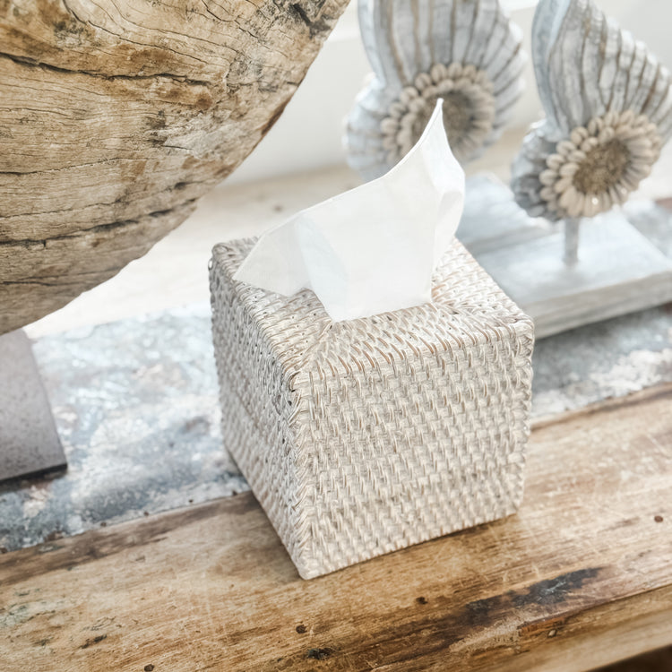 Coastal Rattan Tissue Box Cover – Whitewash Preorder
