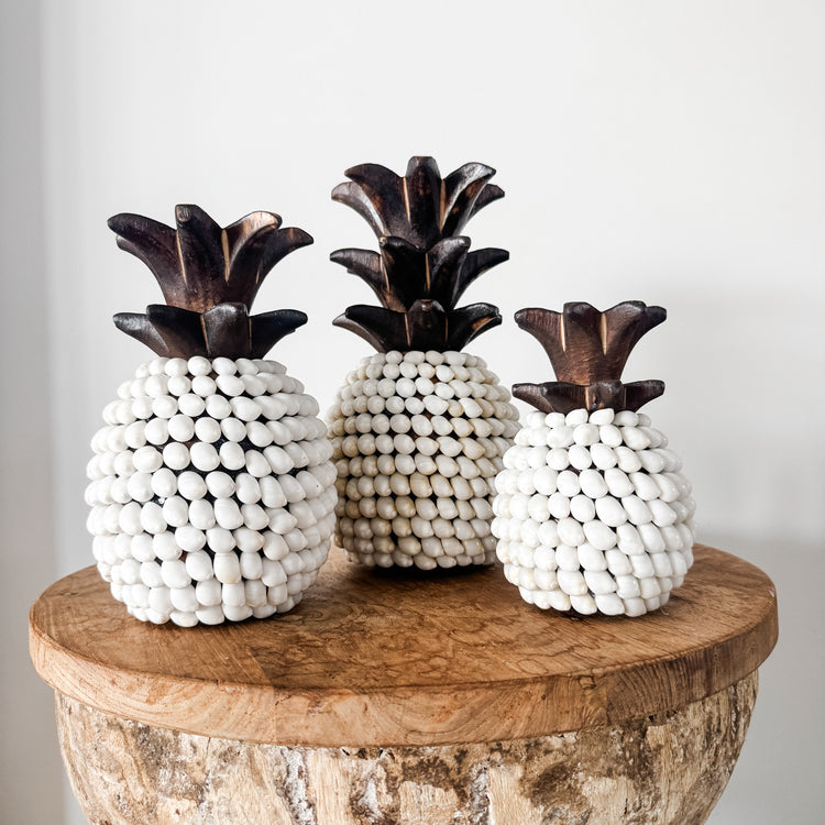 Set of 3 Coastal Shell Pineapples – White Shell & Timber Decor