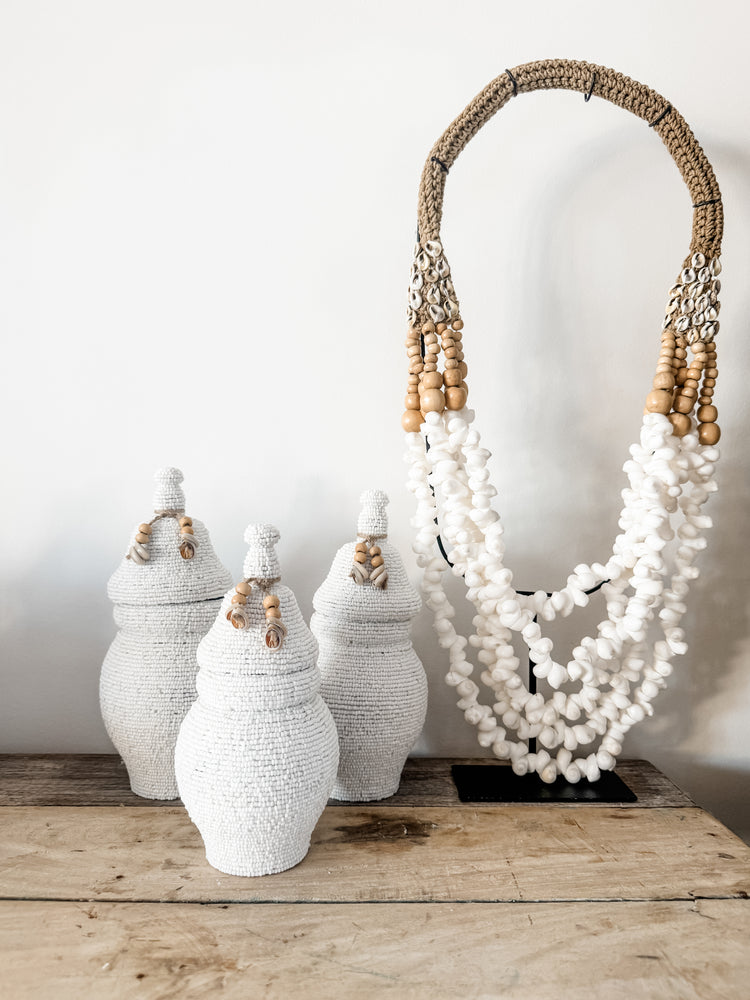 Beaded Tribal Lidded Jar – White