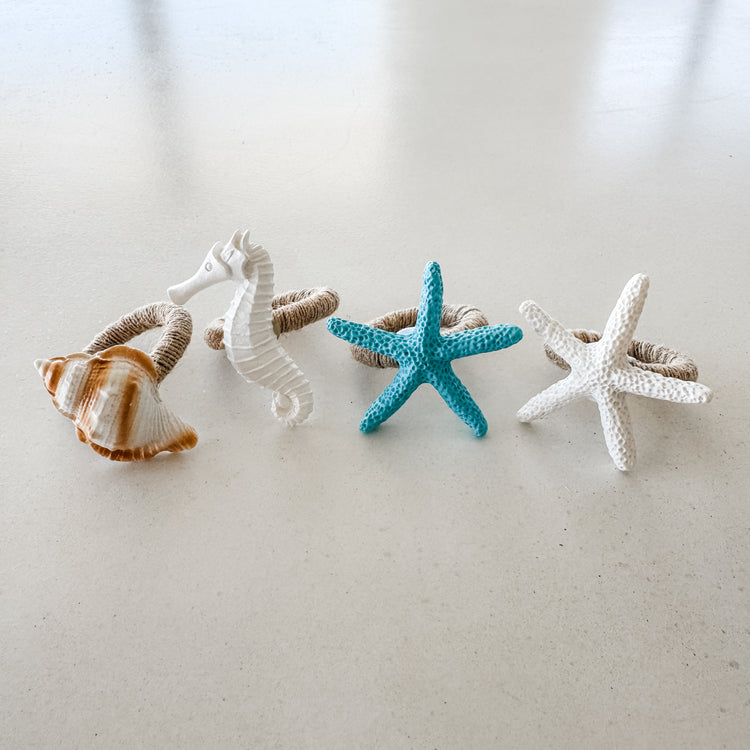 Coastal Charm Napkin Ring Set – Starfish, Seahorse & Shell (Set of 4)