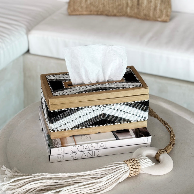 Coastal Luxe Beaded Tissue Box | White, Silver & Black