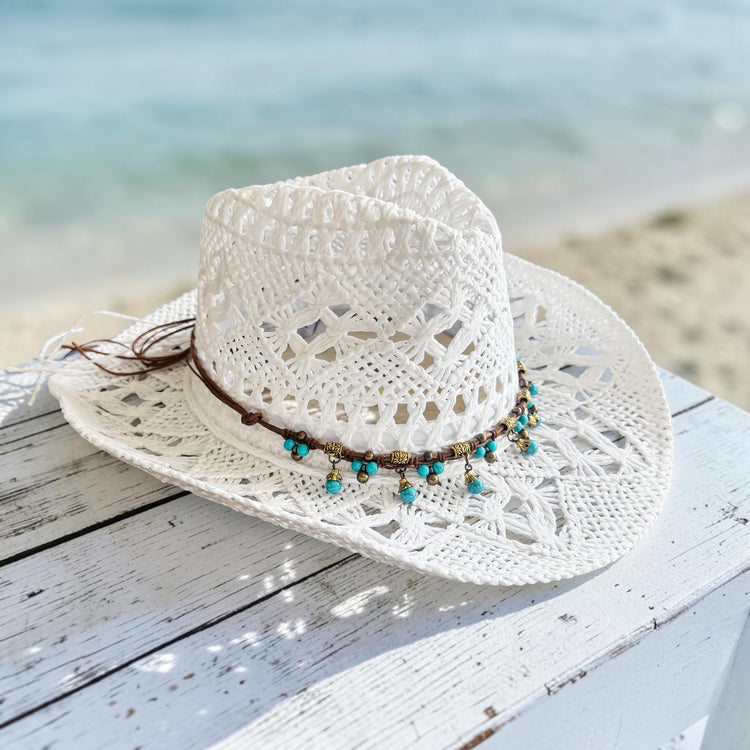 Azura Cowgirl Hat | White with Turquoise Beads