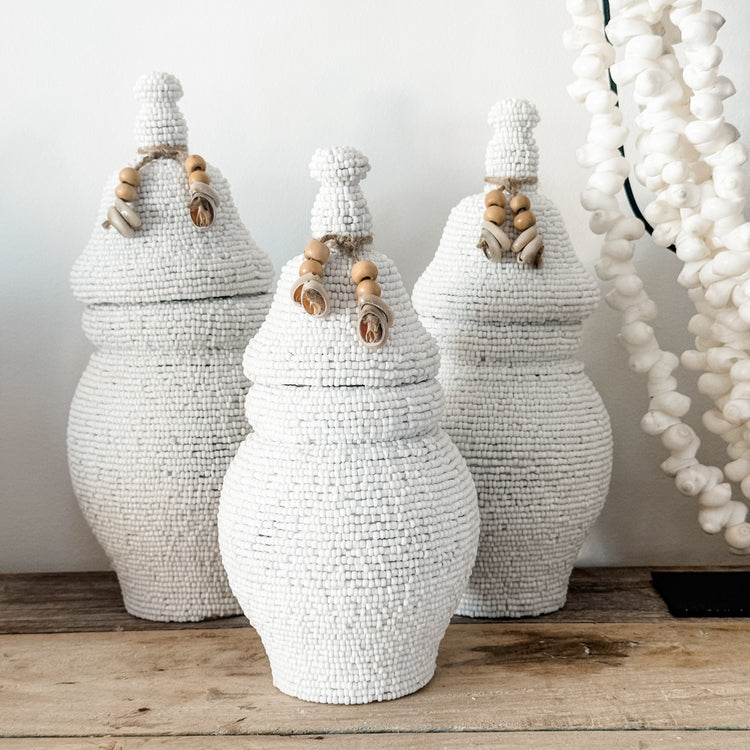 Beaded Tribal Lidded Jar – White