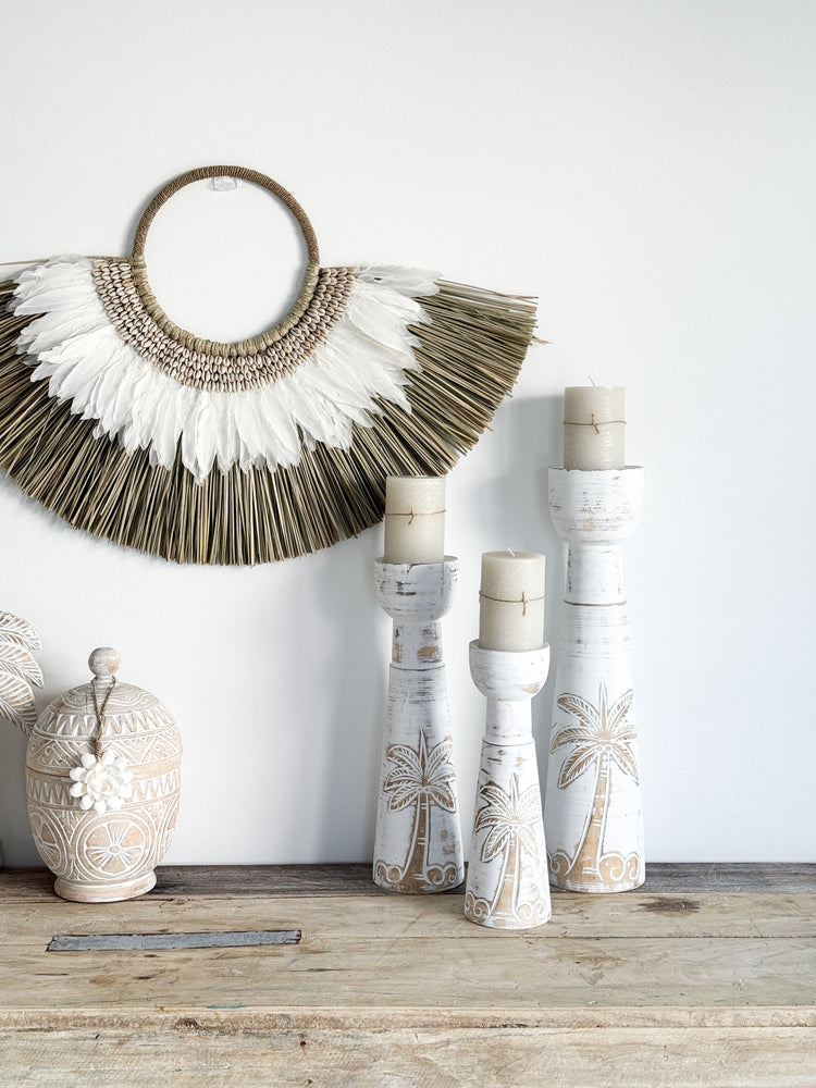 Coastal Palm Candle Holders | White | Set of 3