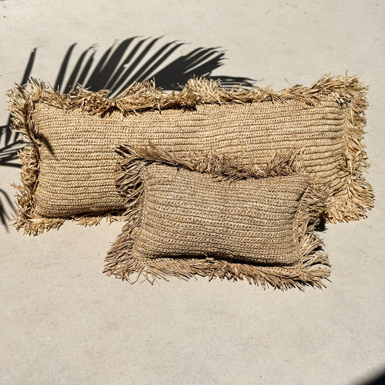 Bora Bora Raffia Cushion Cover | Natural with Fringe | 100x40cm