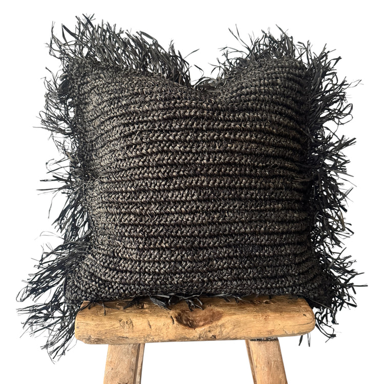 Bora Bora Raffia Cushion Cover | Black with Fringe | 50x50cm