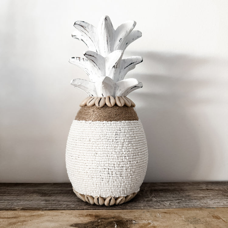 Coastal Beaded Pineapple with Jute – White