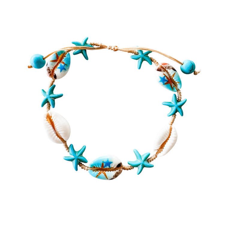 Turquoise Starfish & Cowrie Anklet Bracelet | Willow & the Waves Collection