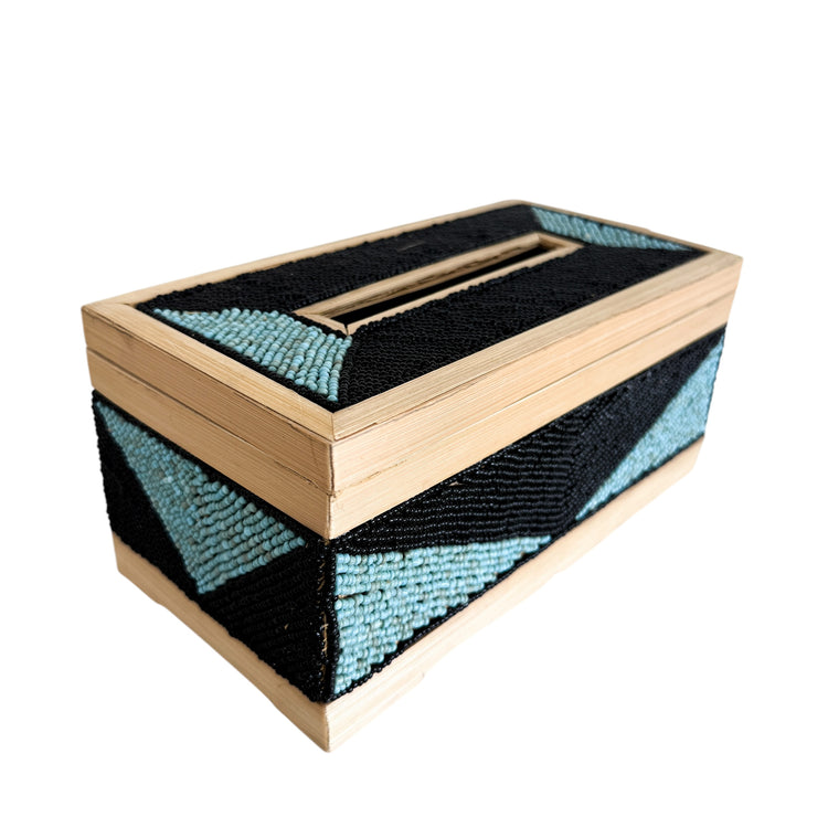 Coastal Luxe Beaded Tissue Box | Aqua & Black