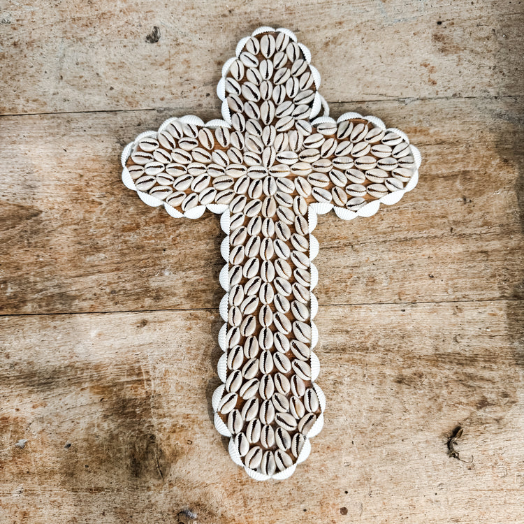 Cowrie Shell Cross Wall Hanging – Coastal Handmade Décor