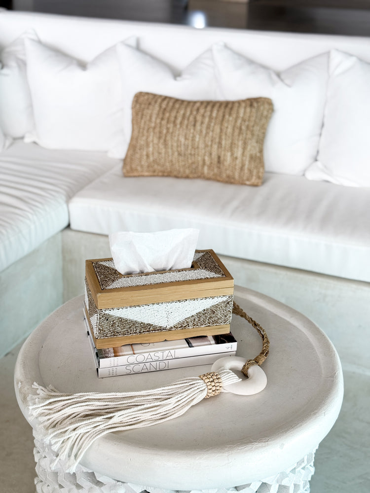 Coastal Luxe Beaded Tissue Box | White & Natural