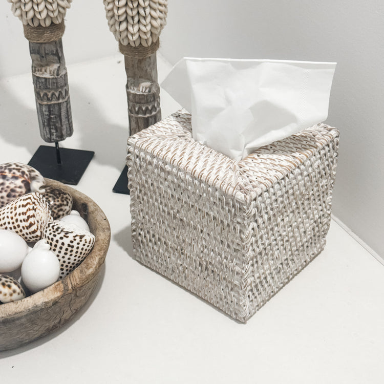 Coastal Rattan Tissue Box Cover – Whitewash Preorder