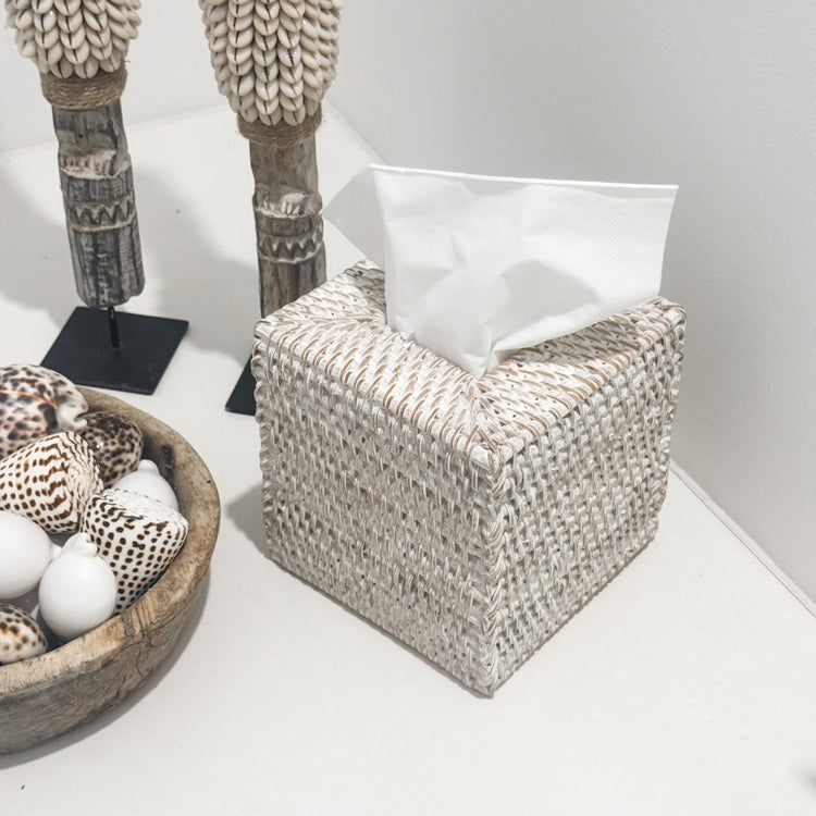 Coastal Rattan Tissue Box Cover – Whitewash Preorder