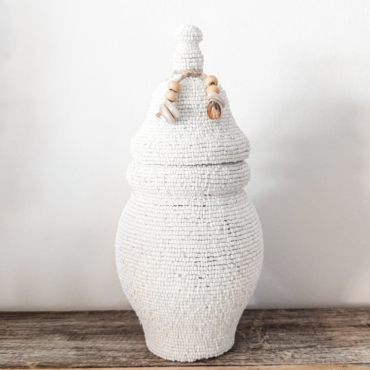 Beaded Tribal Lidded Jar – White