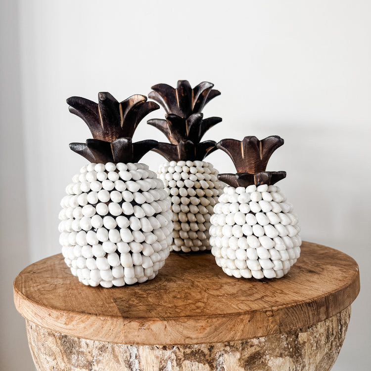 Set of 3 Coastal Shell Pineapples – White Shell & Timber Decor