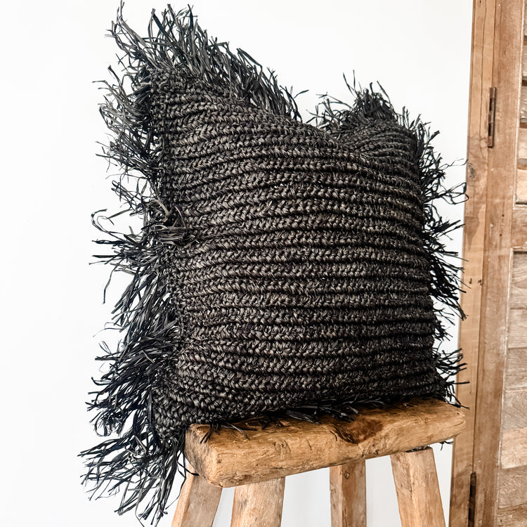 Bora Bora Raffia Cushion Cover | Black with Fringe | 50x50cm