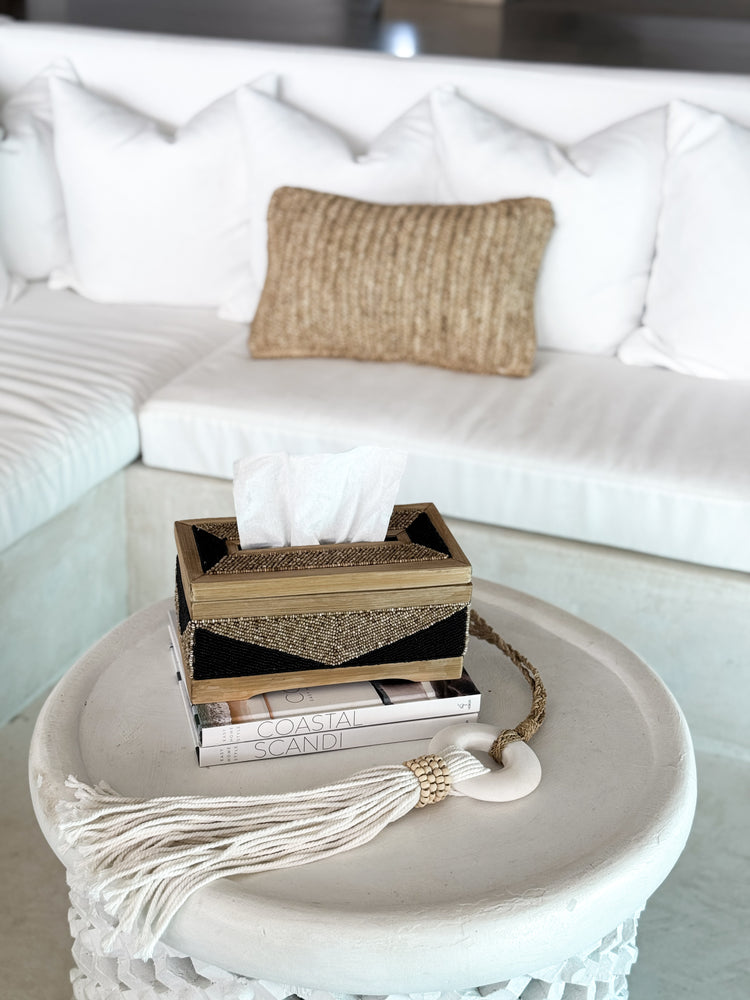 Coastal Luxe Beaded Tissue Box | Natural & Black