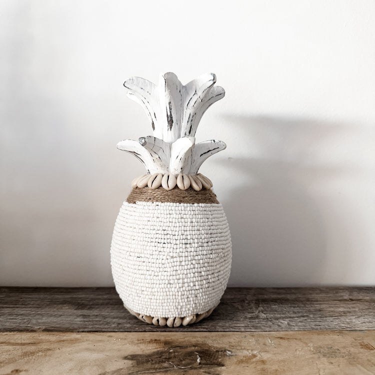 Coastal Beaded Pineapple with Jute – White