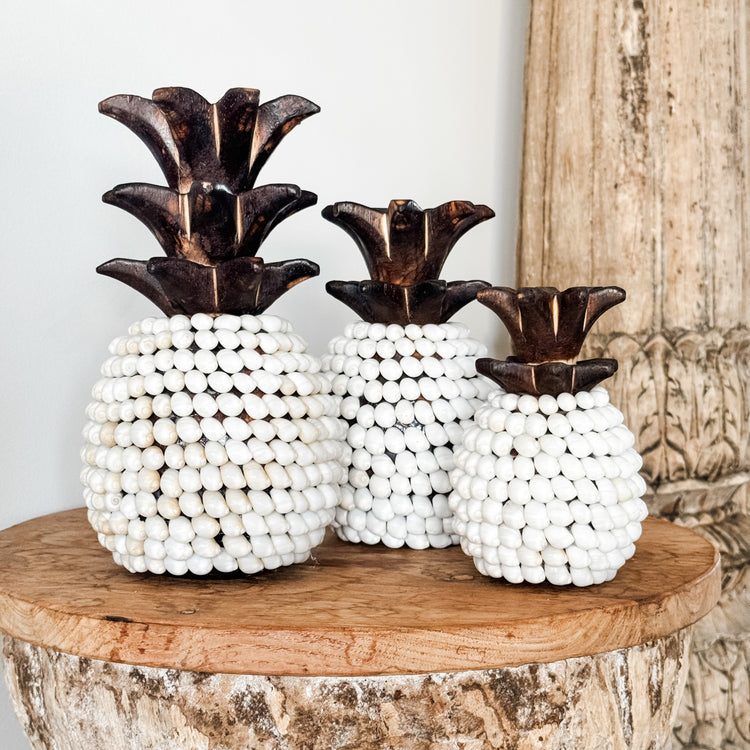 Set of 3 Coastal Shell Pineapples – White Shell & Timber Decor