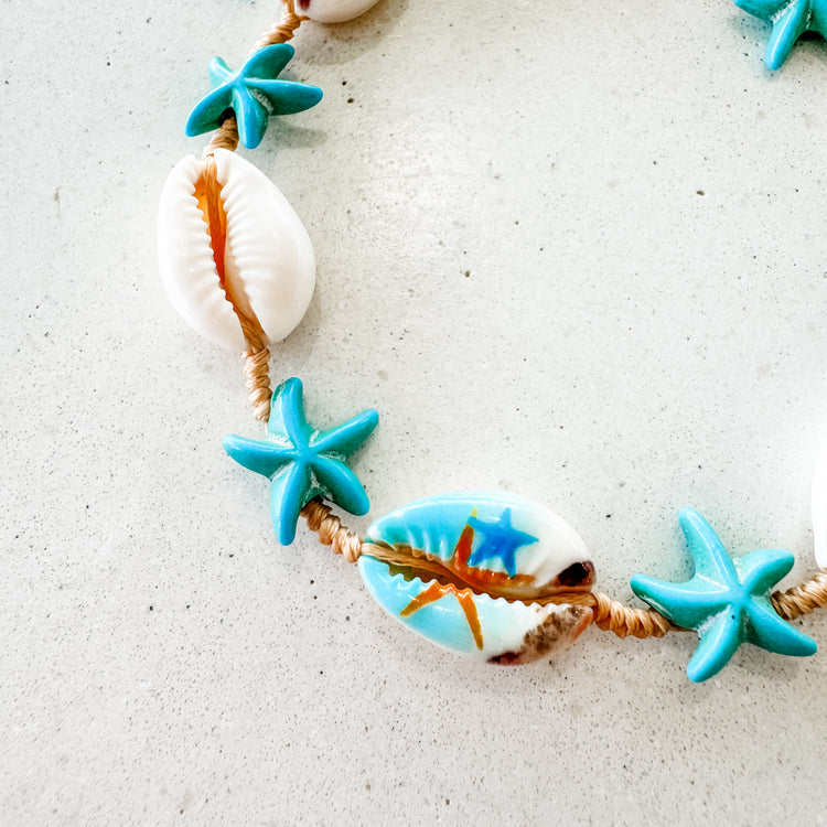 Turquoise Starfish & Cowrie Anklet Bracelet | Willow & the Waves Collection