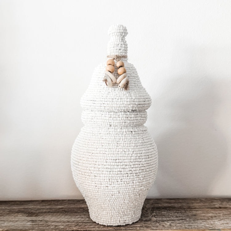Beaded Tribal Lidded Jar – White