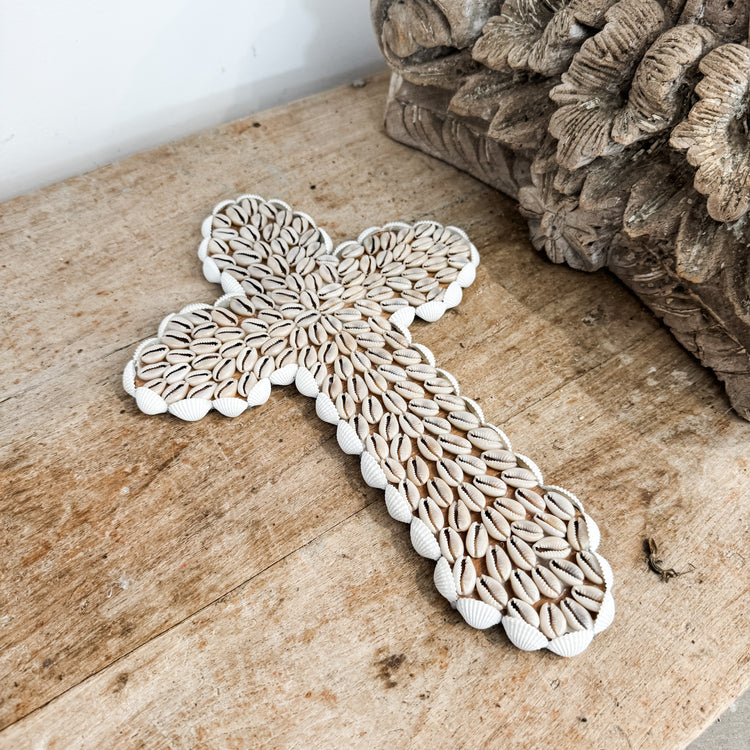 Cowrie Shell Cross Wall Hanging – Coastal Handmade Décor