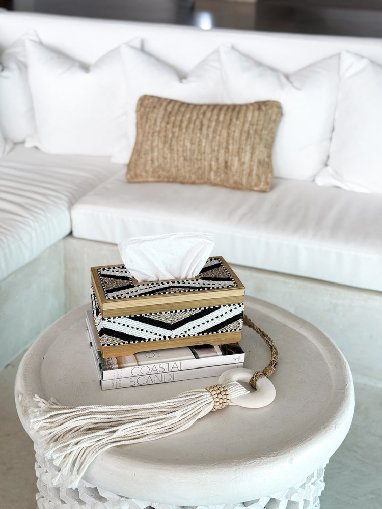Coastal Luxe Beaded Tissue Box | White, Natural & Black