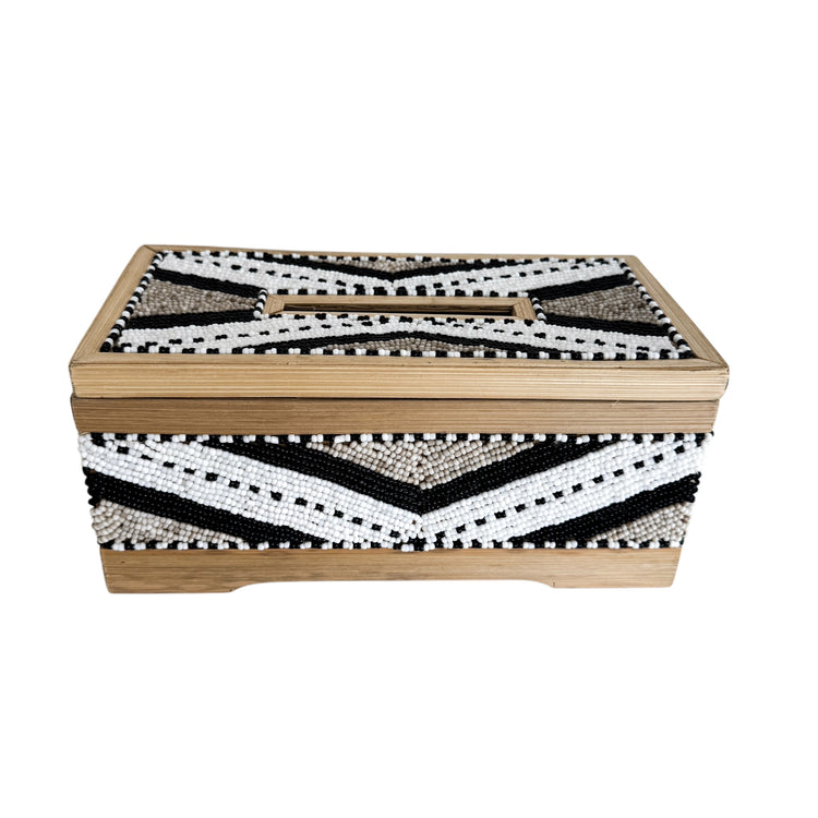 Coastal Luxe Beaded Tissue Box | White, Silver & Black