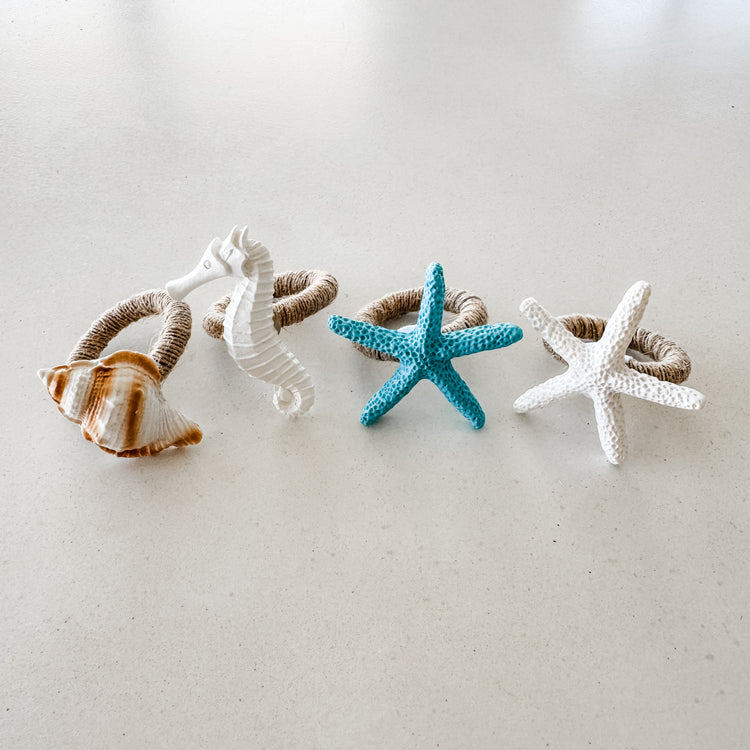 Coastal Charm Napkin Ring Set – Starfish, Seahorse & Shell (Set of 4)