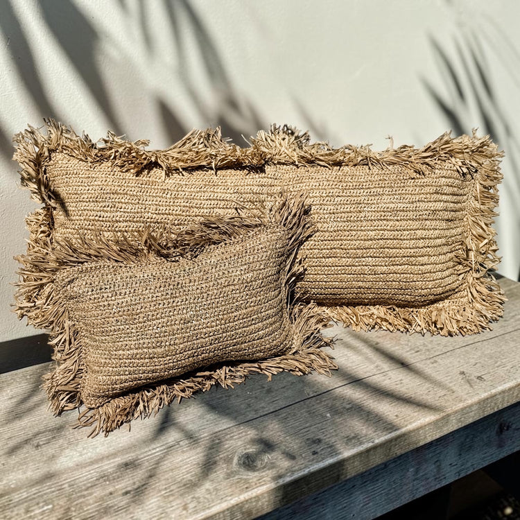 Bora Bora Raffia Cushion Cover | Natural with Fringe | 100x40cm