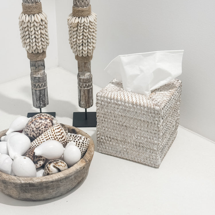Coastal Rattan Tissue Box Cover – Whitewash Preorder