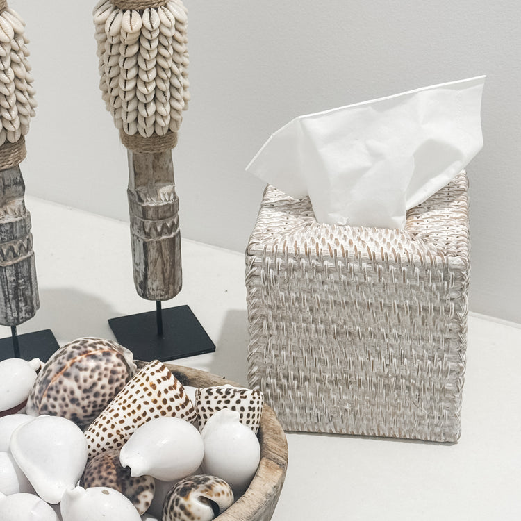 Coastal Rattan Tissue Box Cover – Whitewash Preorder