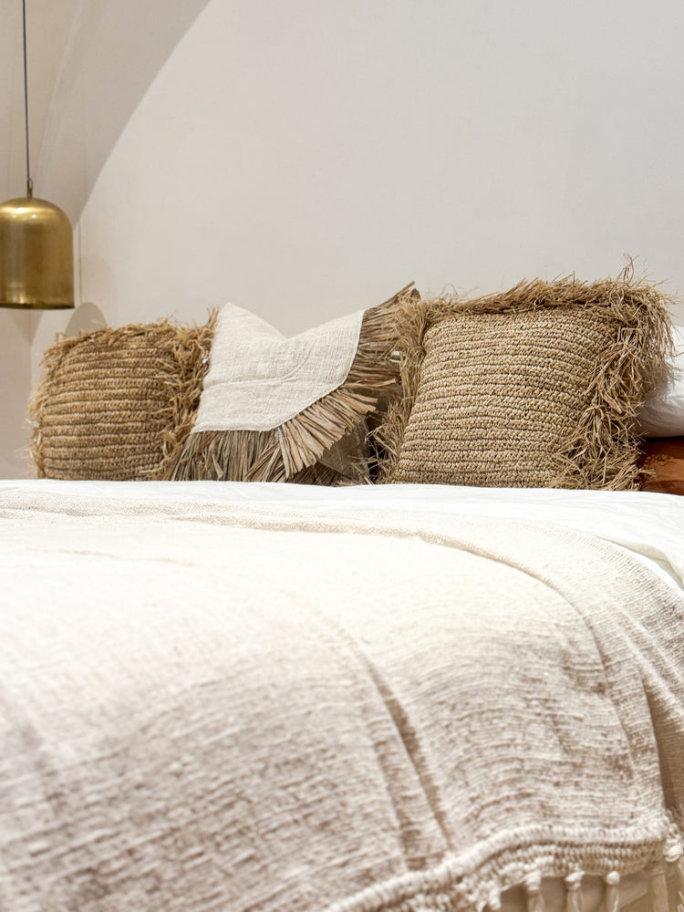 Bora Bora Raffia Cushions | Natural with Fringe | 50x50cm