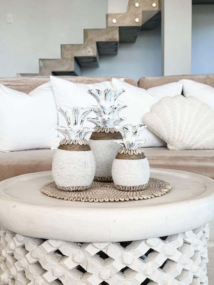 Coastal Beaded Pineapple with Jute – White