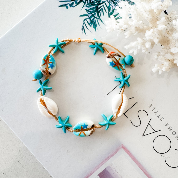Turquoise Starfish & Cowrie Anklet Bracelet | Willow & the Waves Collection
