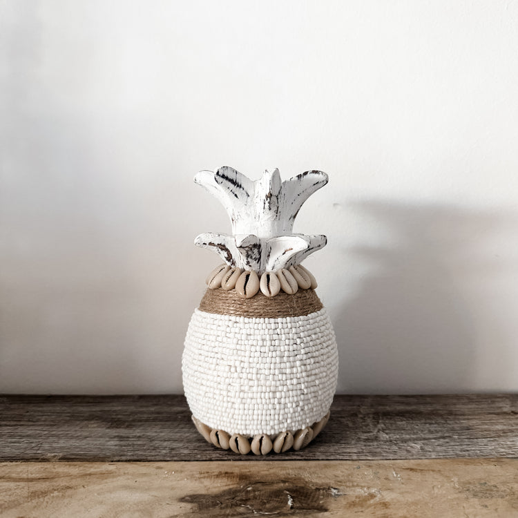 Coastal Beaded Pineapple with Jute – White