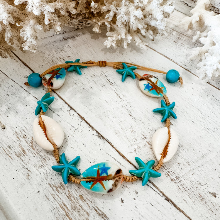 Turquoise Starfish & Cowrie Anklet Bracelet | Willow & the Waves Collection