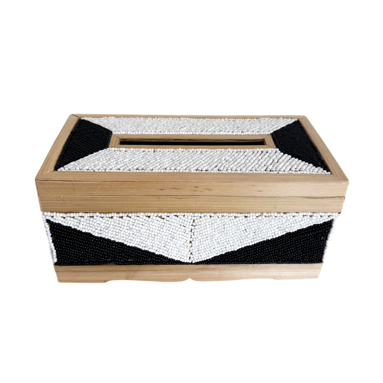 Coastal Luxe Beaded Tissue Box | White & Black