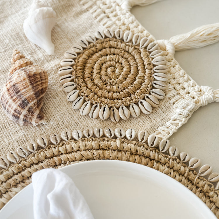 Bora Bora Raffia Coaster with Cowrie Shells