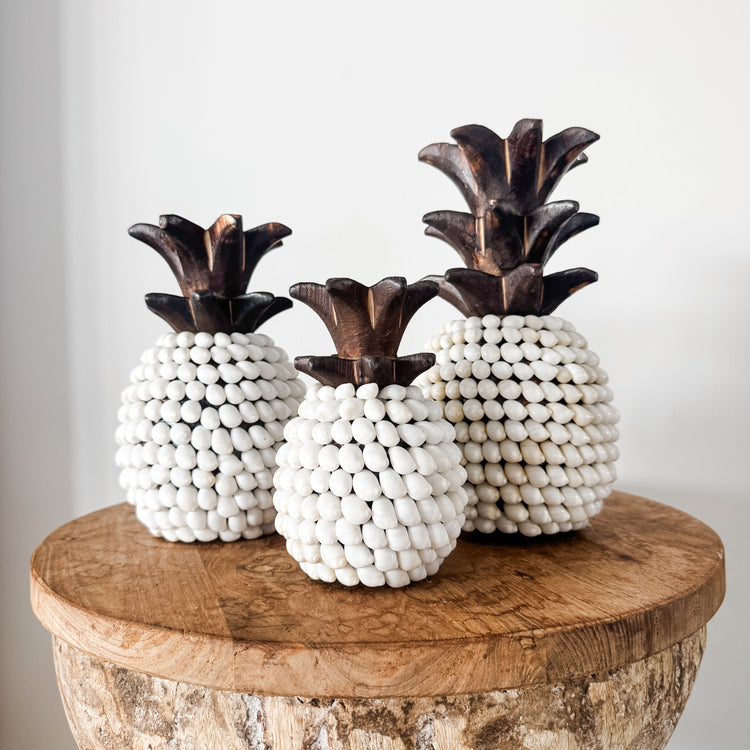 Set of 3 Coastal Shell Pineapples – White Shell & Timber Decor