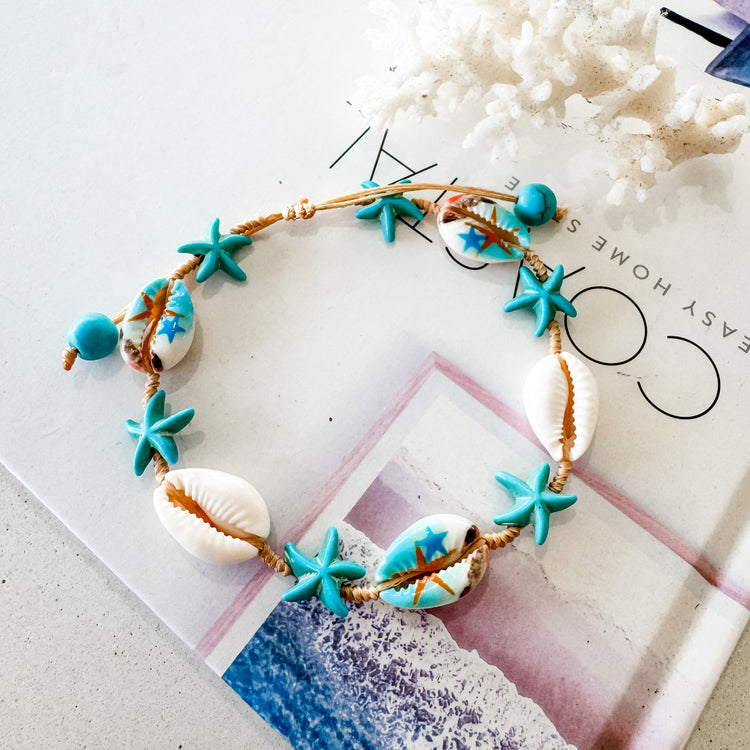 Turquoise Starfish & Cowrie Anklet Bracelet | Willow & the Waves Collection