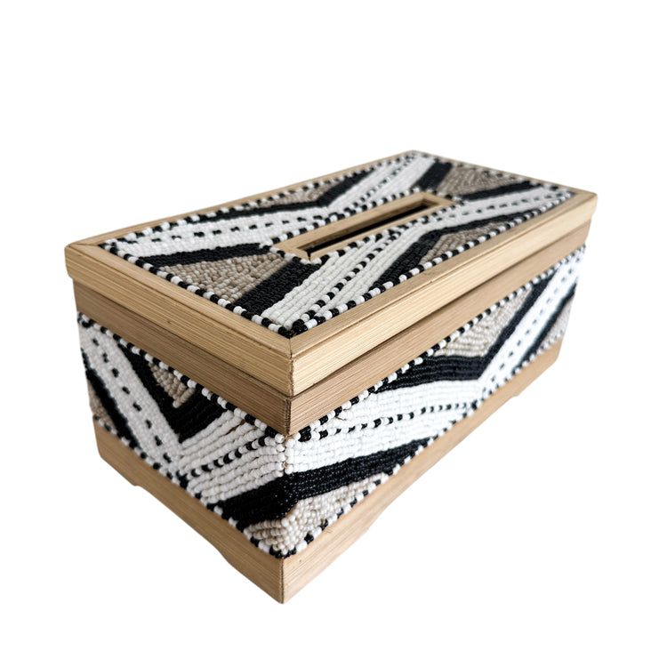 Coastal Luxe Beaded Tissue Box | White, Silver & Black