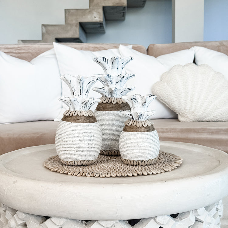 Coastal Beaded Pineapple with Jute – White
